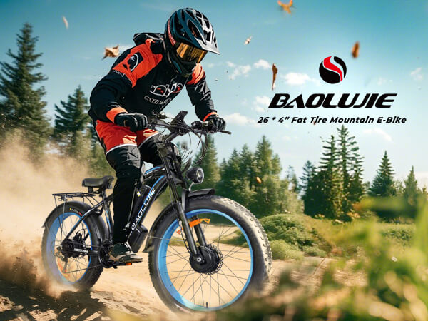 Mobile banner of Baolujie DP-2602 52V dual motor electric bike, highlighting off-road and urban riding