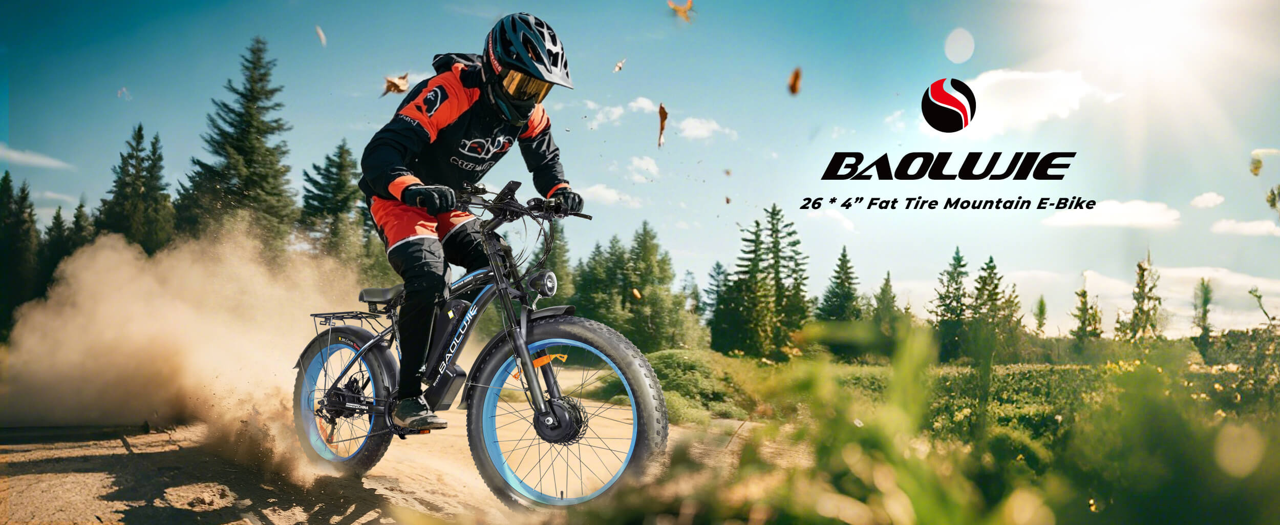 Promotional banner of Baolujie DP-2602 52V dual motor electric bike for adults with off-road capability.