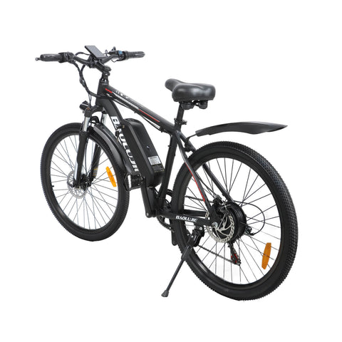 Rear left angle view of black Baolujie S1 500W electric bike.