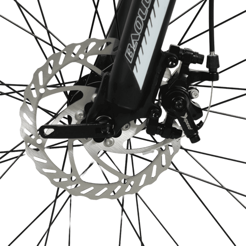 Front disc brake detail of Baolujie S1 500W ebike, ensuring safe riding.