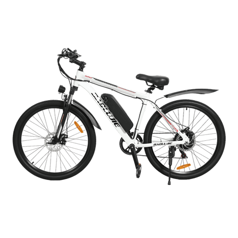Left side view of white Baolujie S1 500W ebike for commuting.