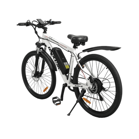 Rear left angle view of white Baolujie S1 500W electric bike.