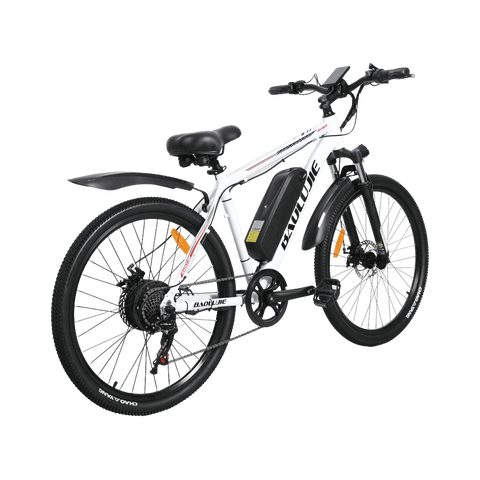 Rear right angle view of white Baolujie S1 500W ebike.