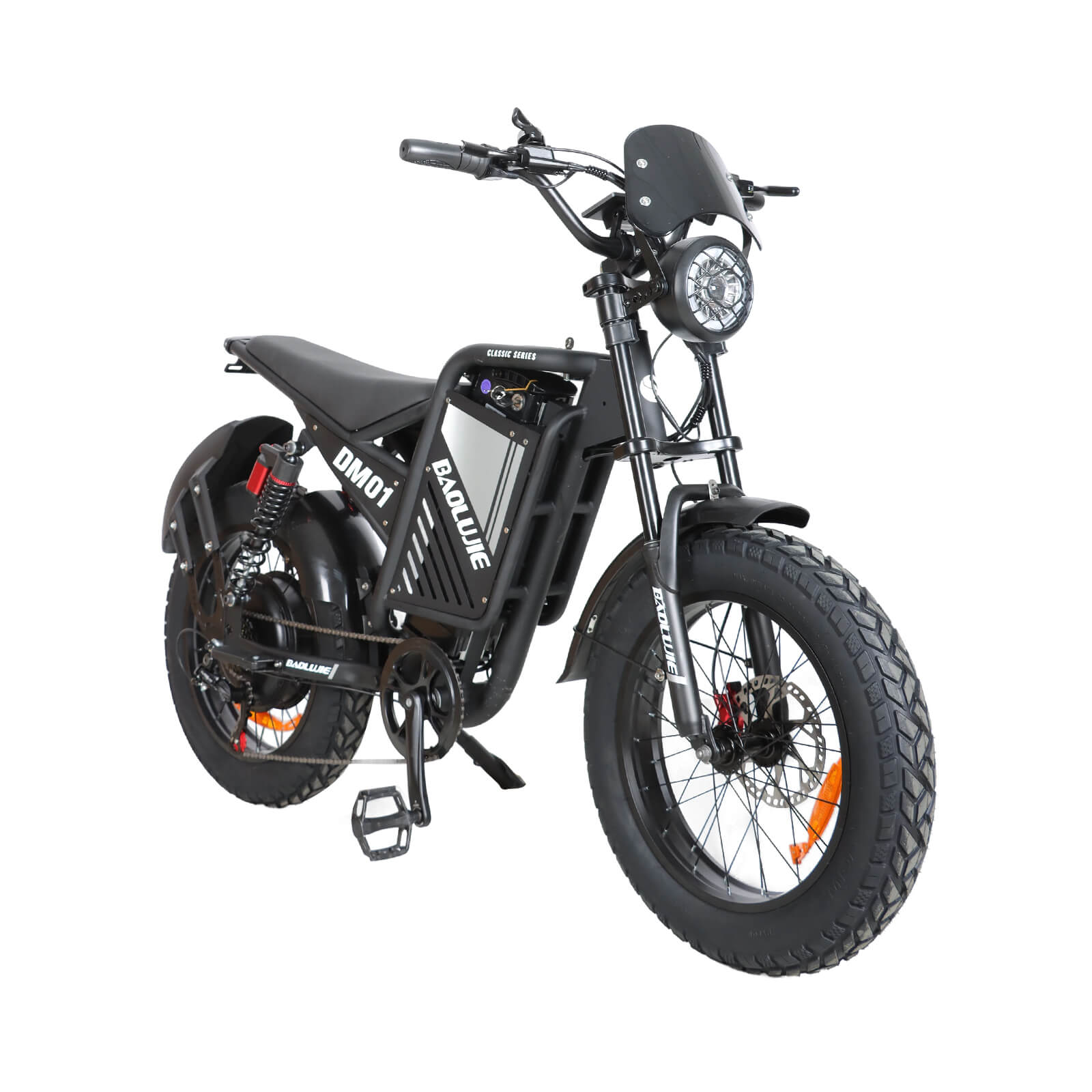 Front right angle view of black dm-2001 60V ebike for adults
