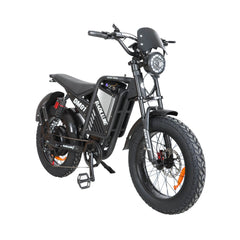 Front right angle view of black dm-2001 60V ebike for adults