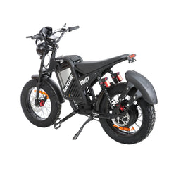 Rear left angle view of black dm-2001 60V 60V electric bike