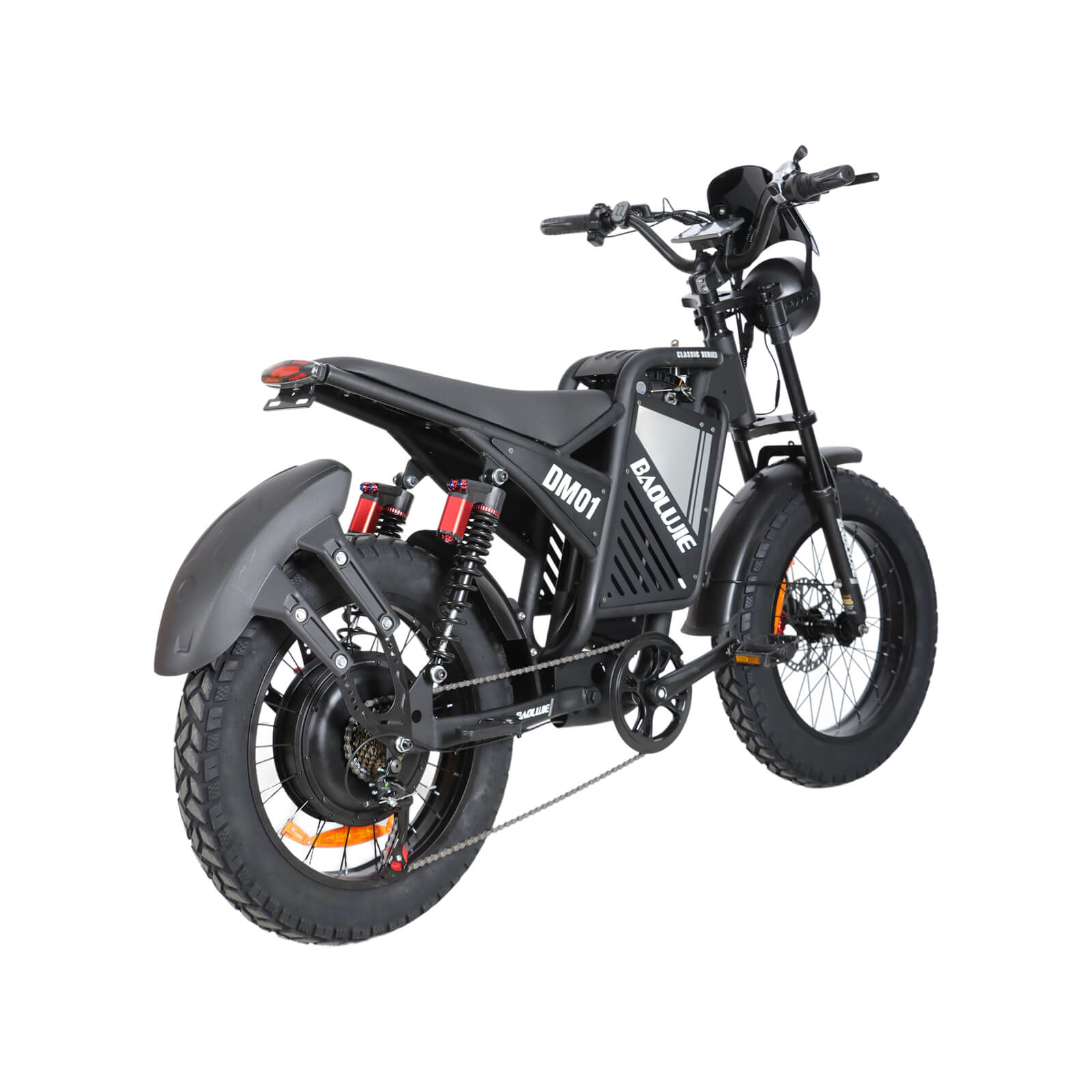 Rear right angle view of black dm-2001 60V electric bike with full suspension