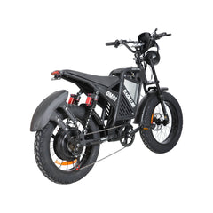 Rear right angle view of black dm-2001 60V electric bike with full suspension