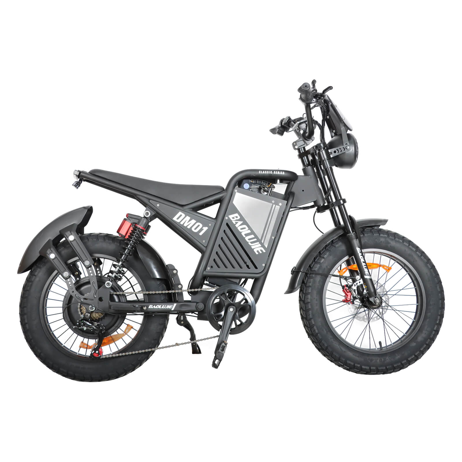 Right side view of black dm-2001 60V electric bike with full suspension
