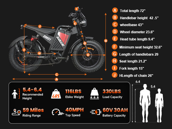 Mobile view of dimensions on dm-2001 60V electric bike with full suspension