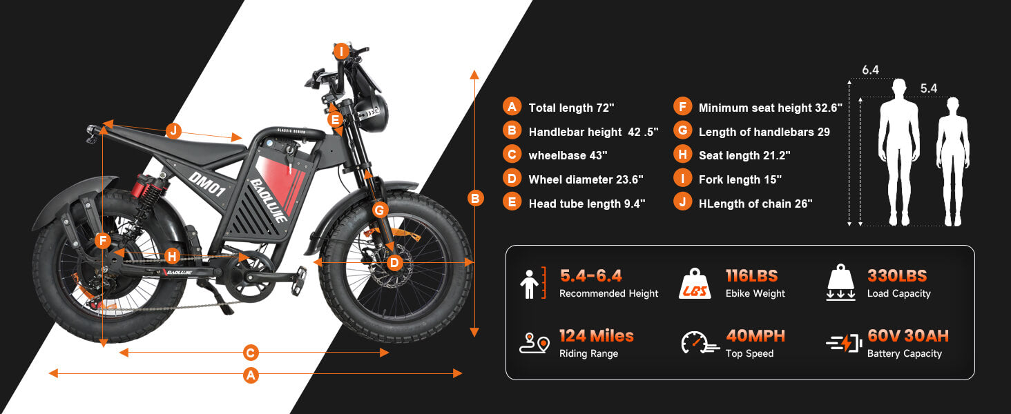 Full Dimensions of dm-2001 60V 2000W electric bicycle