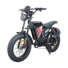 Front left angle view of red dm-2001 60V electric bike with full suspension