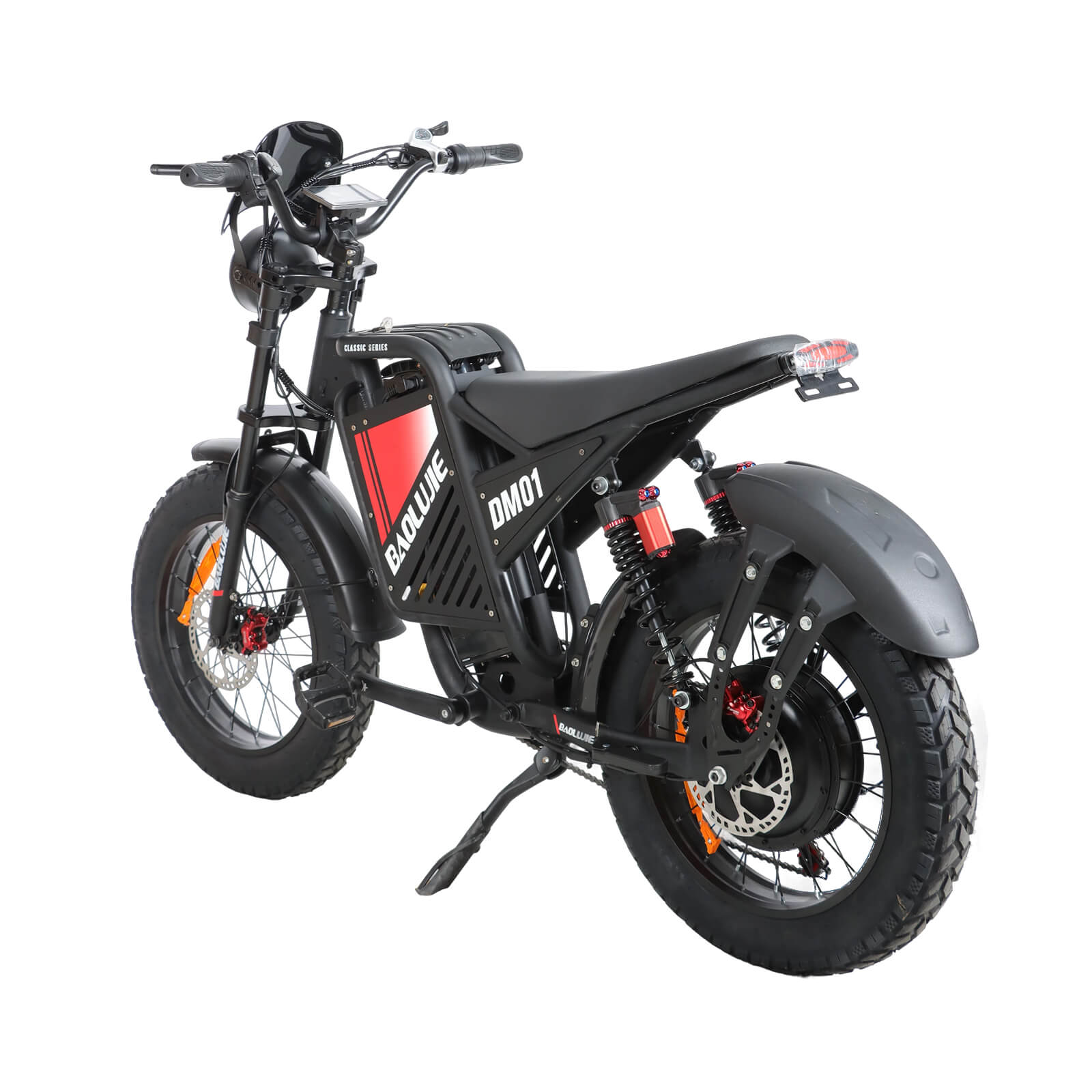 Rear left angle view of red dm-2001 60V 60V electric bike