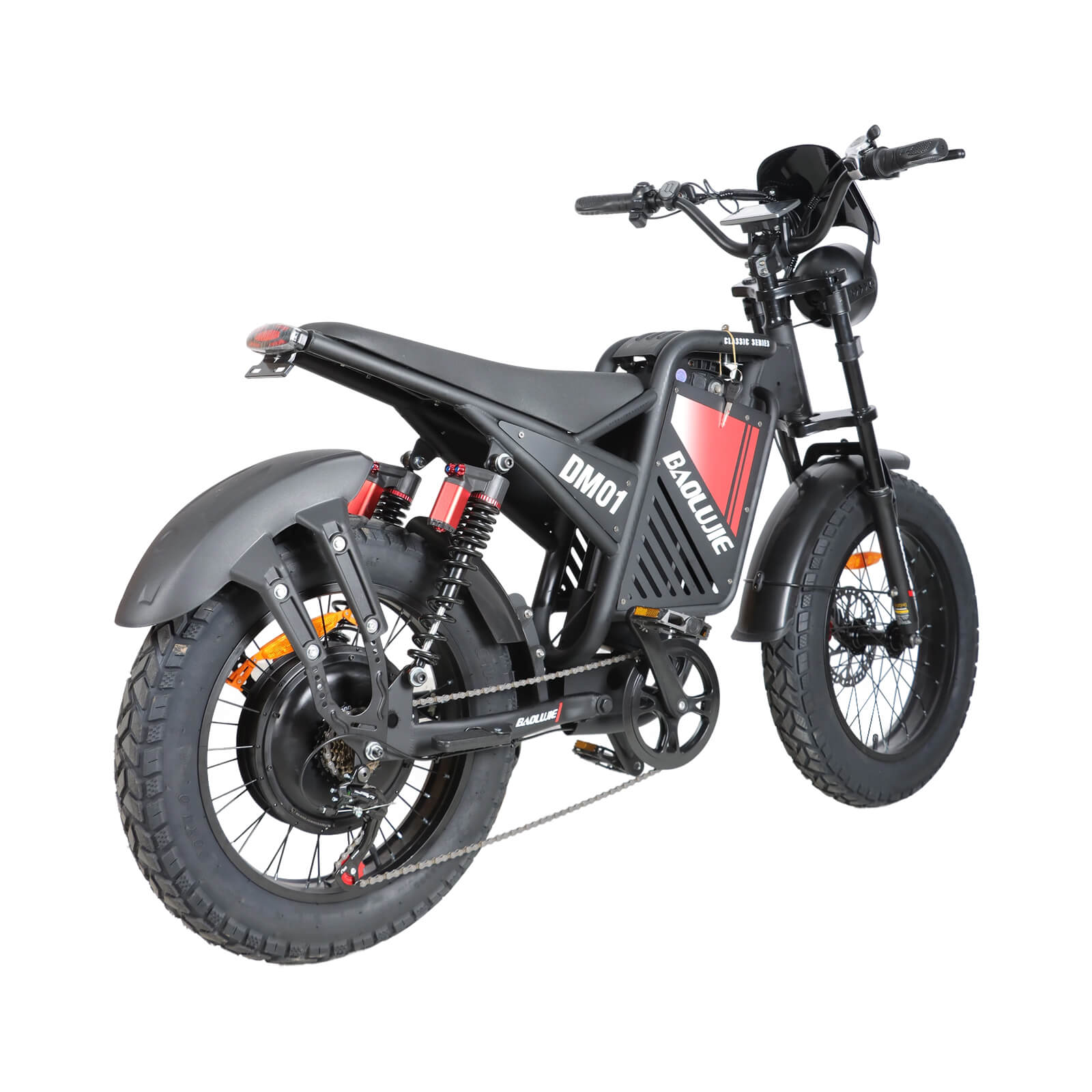 Rear right angle view of red dm-2001 60V electric bike with full suspension