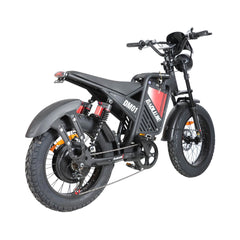 Rear right angle view of red dm-2001 60V electric bike with full suspension