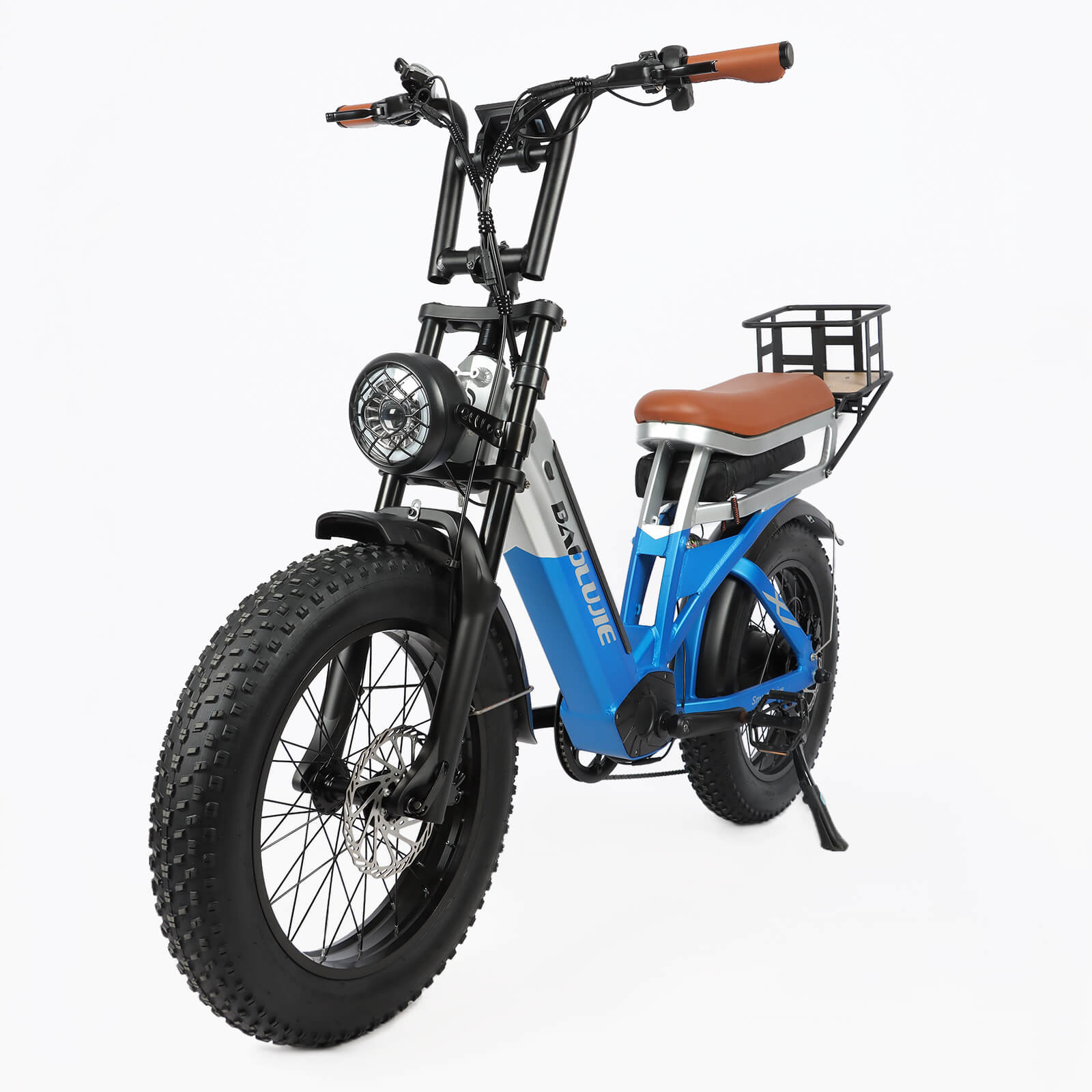 Front left angle view of blue DP-2033 48V dual motor electric bike