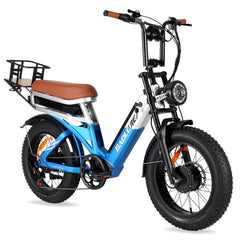 Front right angle view of blue DP-2033 48V dual motor electric bicycle