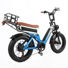 Rear right angle view of blue DP-2033 48V dual motor electric bike