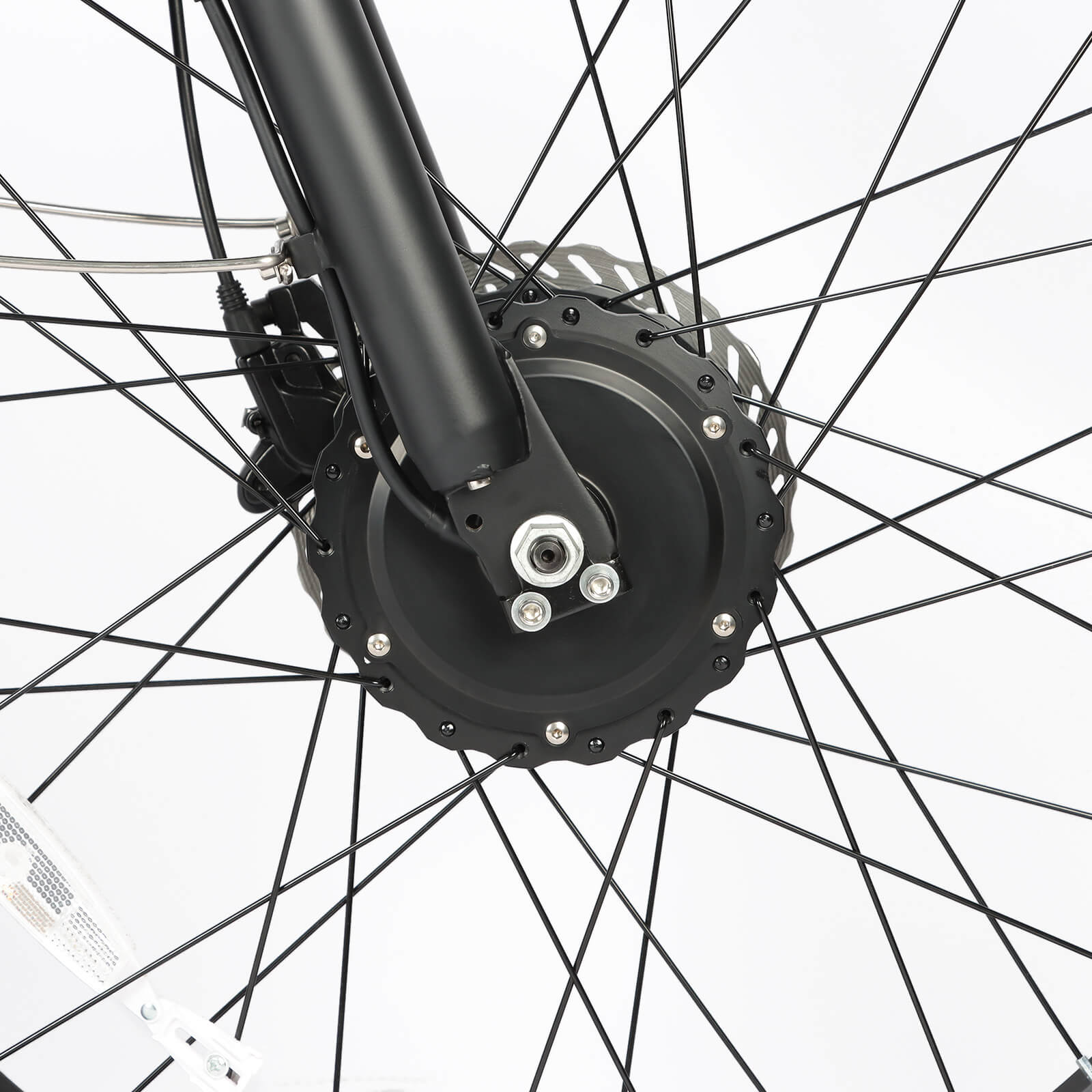 Close-up of front motor on Baolujie DP-2602 48V dual motor off-road electric bike.