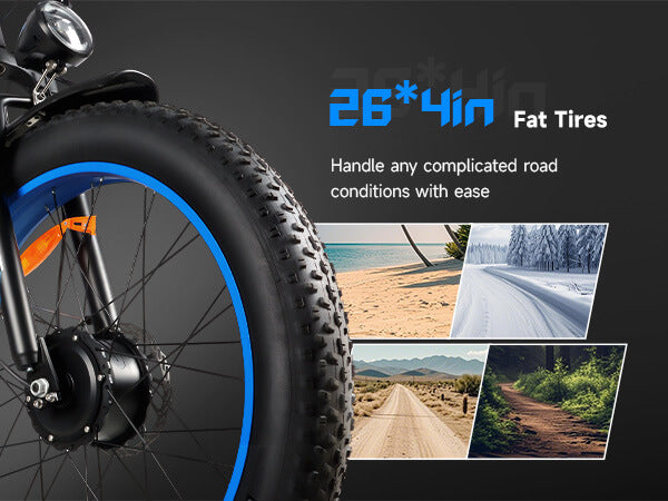 26*4.0 inch fat tires on Baolujie DP-2602 48V dual motor electric bike, ideal for off-road use.