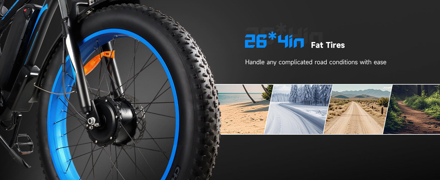 26×4.0 inch fat tires on Baolujie DP-2602 48V dual motor electric bike for enhanced stability on rough terrain.