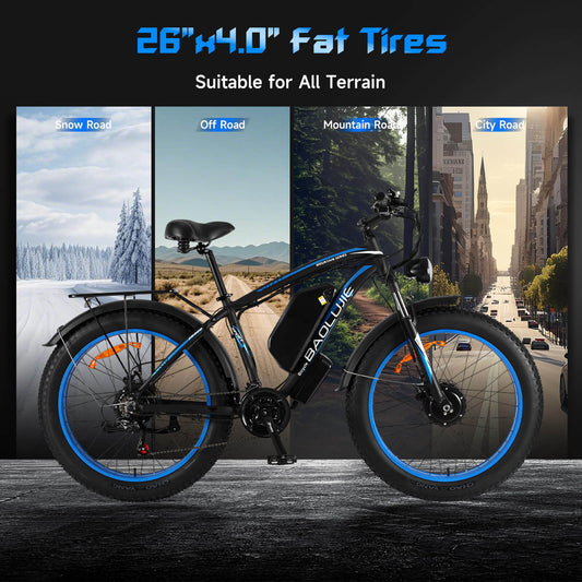 26×4.0 inch fat tires on Baolujie DP-2602 48V dual motor electric bike for adults.