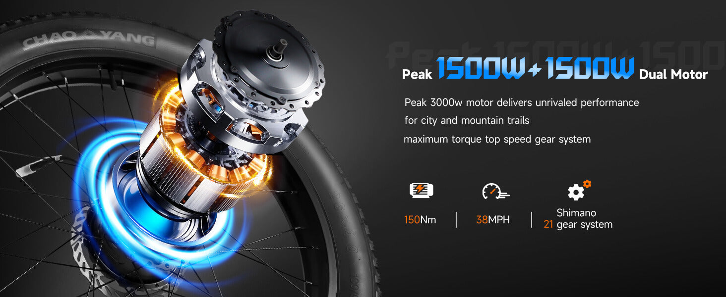 Close-up of Baolujie DP-2602 48V 3000W dual motor electric bike showing twin motors for high-speed off-road riding.