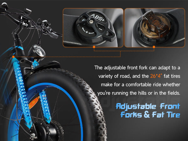 Close-up of suspension system on Baolujie DP-2602 48V dual motor electric bike for adults.