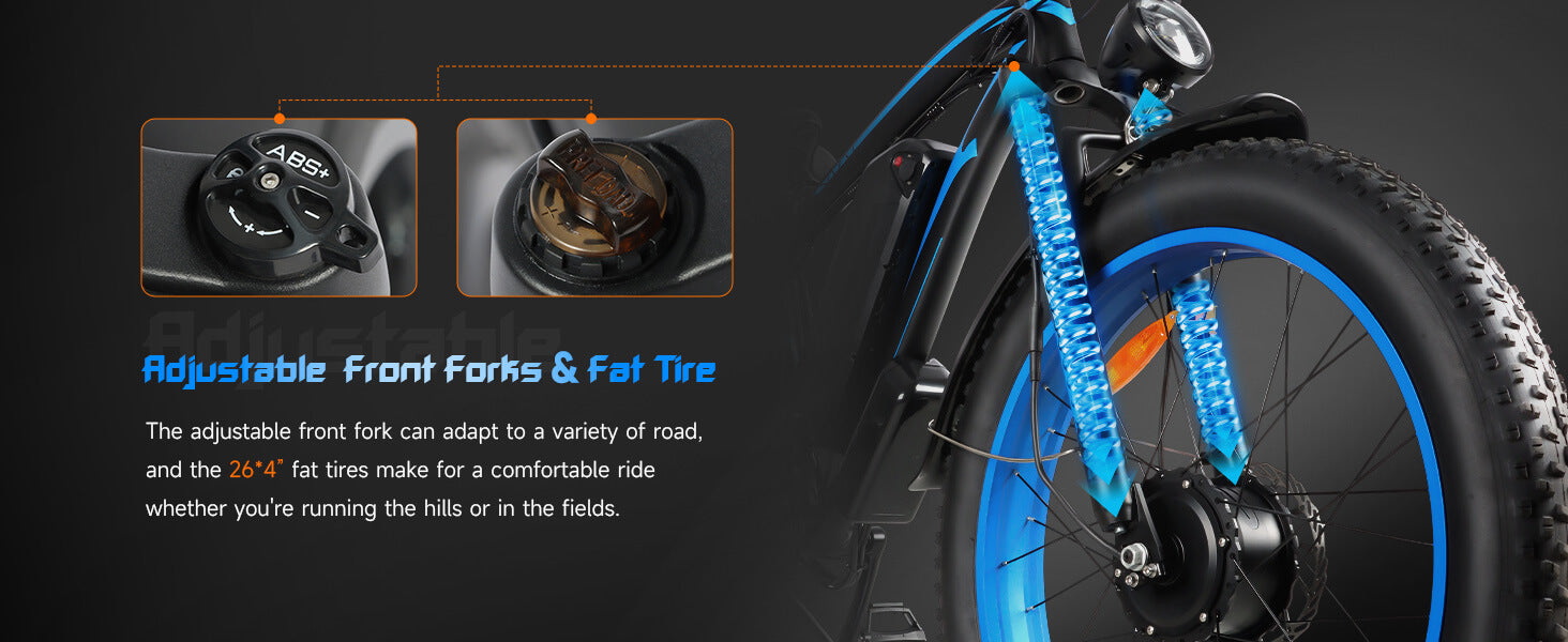 Front adjustable suspension on Baolujie DP-2602 48V dual motor fat tire electric bike for smooth off-road rides.