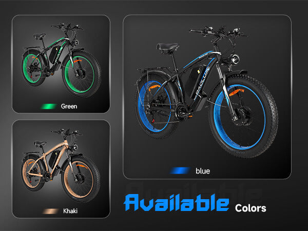 Color options of Baolujie DP-2602 48V dual motor electric bike for adults, Blue, Green, Khaki.