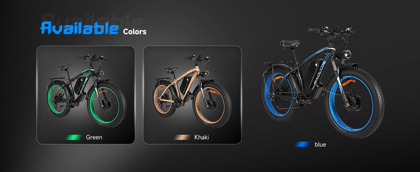 Available colors of Baolujie DP-2602 48V dual motor electric bike: Khaki, green, and blue.