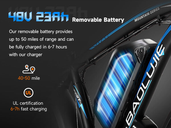 Close-up of Baolujie DP-2602 48V dual motor electric bike battery for quick installation and removal.