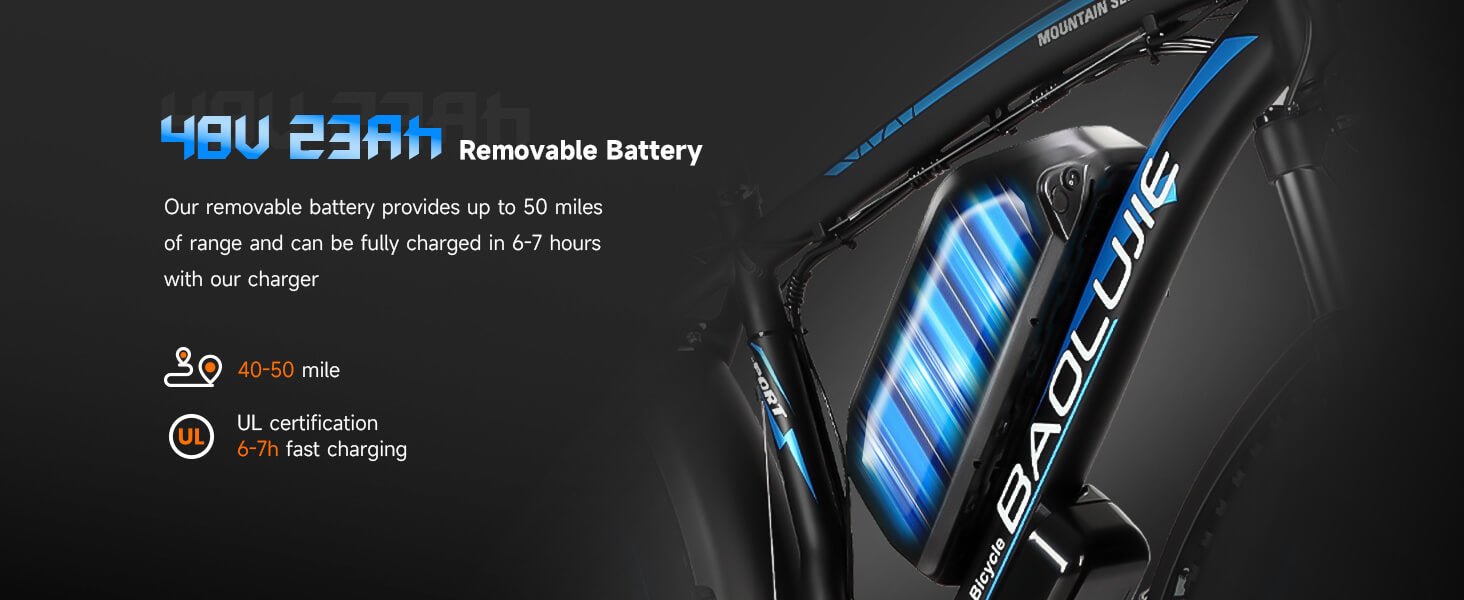 Removable 48V battery on Baolujie DP-2602 dual motor electric bike for adults, ideal for long-distance rides.
