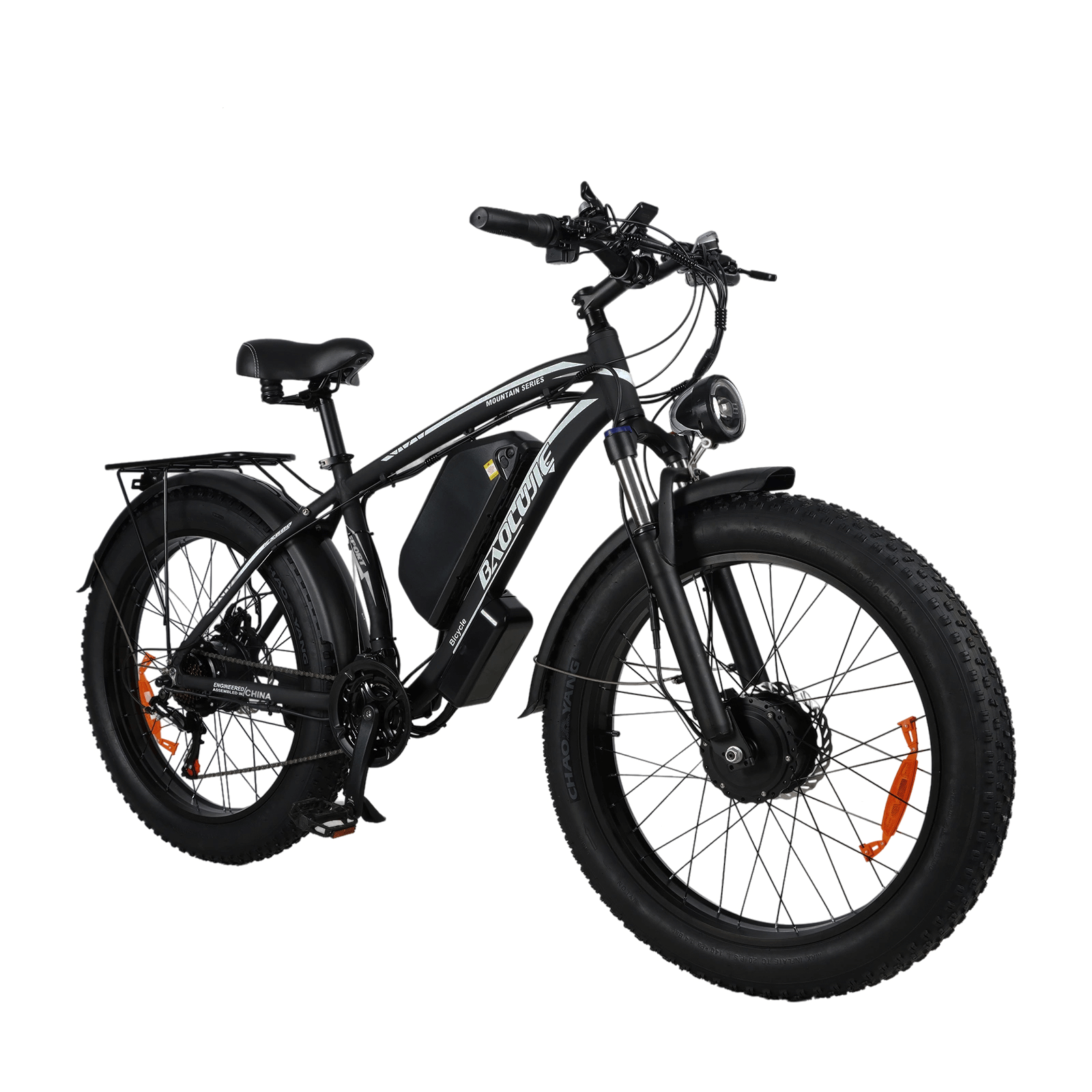 Front right angle of black Baolujie DP-2602 48V dual motor electric bike.