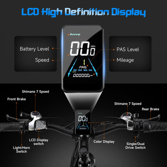 Color LCD display of Baolujie DP-2602 48V dual motor electric bike showing speed and battery.