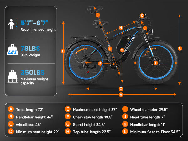 Size specifications of Baolujie DP-2602 48V dual motor electric bike for stability and comfort.