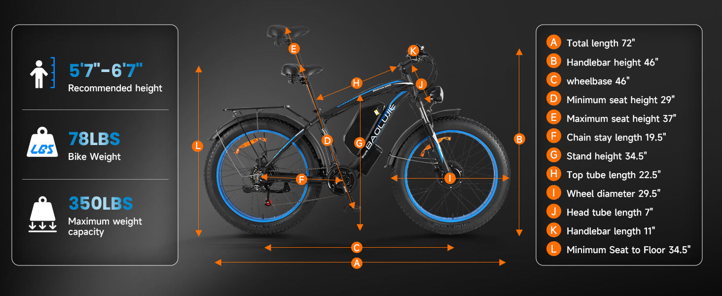 Overall dimensions of Baolujie DP-2602 48V dual motor electric bike, including length, width, and height.