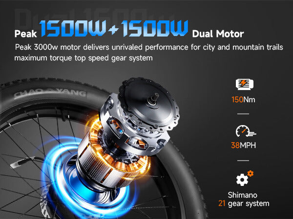 Baolujie DP-2602 48V dual 1500w motor electric bike highlighting dual motor performance.