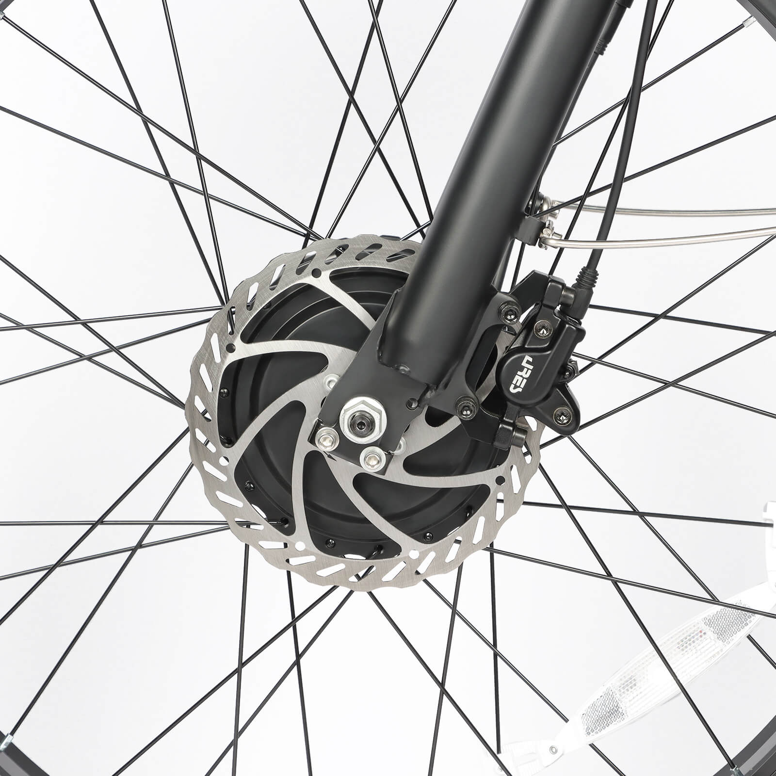Front disc brake detail of Baolujie DP-2602 48V dual motor electric bike for safety.