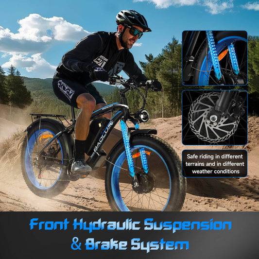 Front hydraulic suspension of Baolujie DP-2602 48V dual motor electric bike for smooth off-road rides.