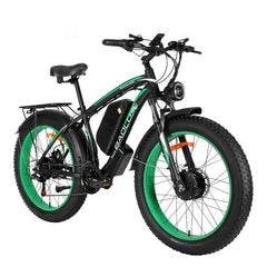 Front right angle of green Baolujie DP-2602 48V dual motor electric bike.