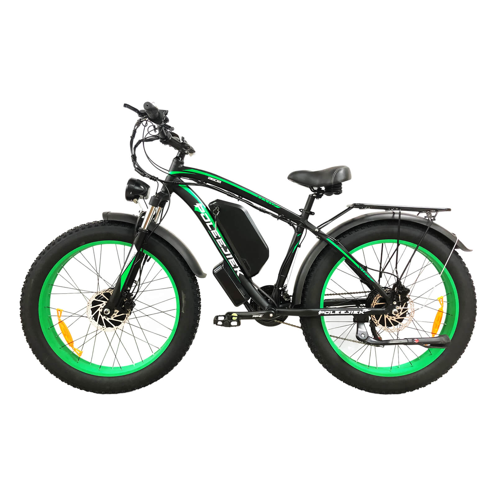 Left side view of green Baolujie DP-2602 48V dual motor electric bike.