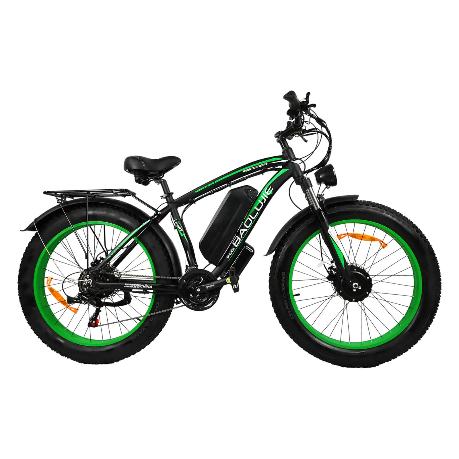 Right side view of green Baolujie DP-2602 48V dual motor electric bike.