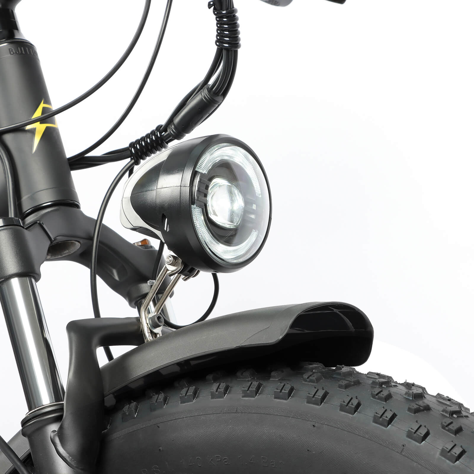 Front light of Baolujie DP-2602 48V dual motor electric bike for safe night riding.
