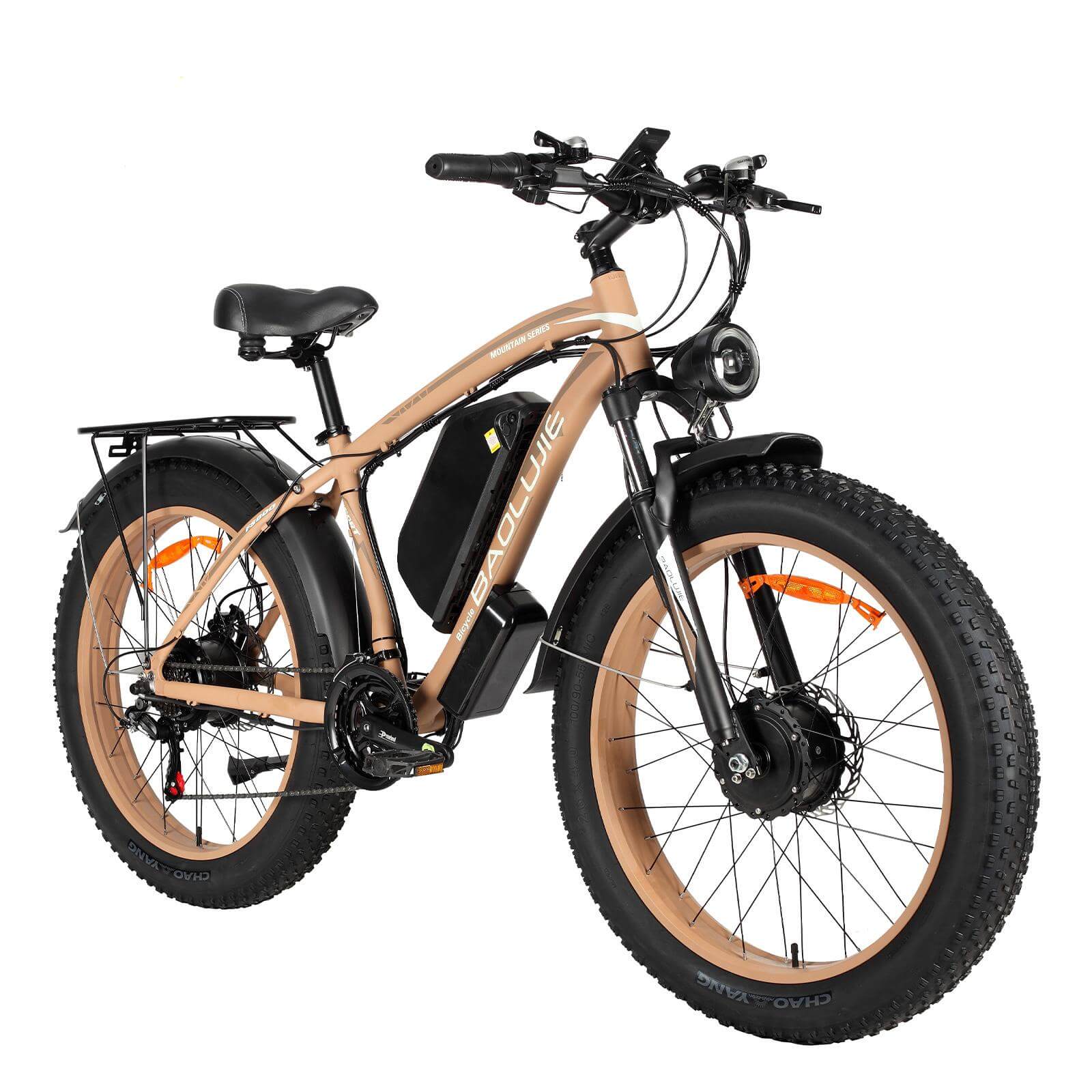 Rear right angle of blue Baolujie DP-2602 48V dual motor electric bike.