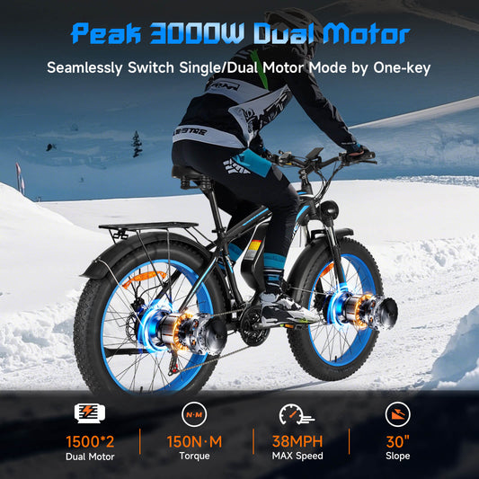 Baolujie DP-2602 48V dual motor electric bike featuring 3000W peak motor for high speed rides.