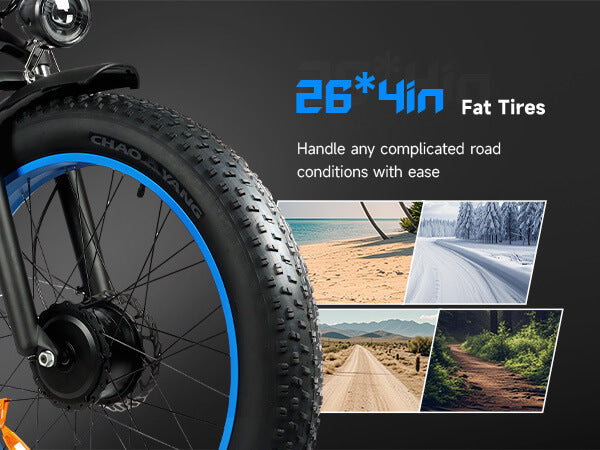 26×4.0 inch fat tires on Baolujie DP-2602 52V dual motor electric bike for adults, ideal for rough terrain.
