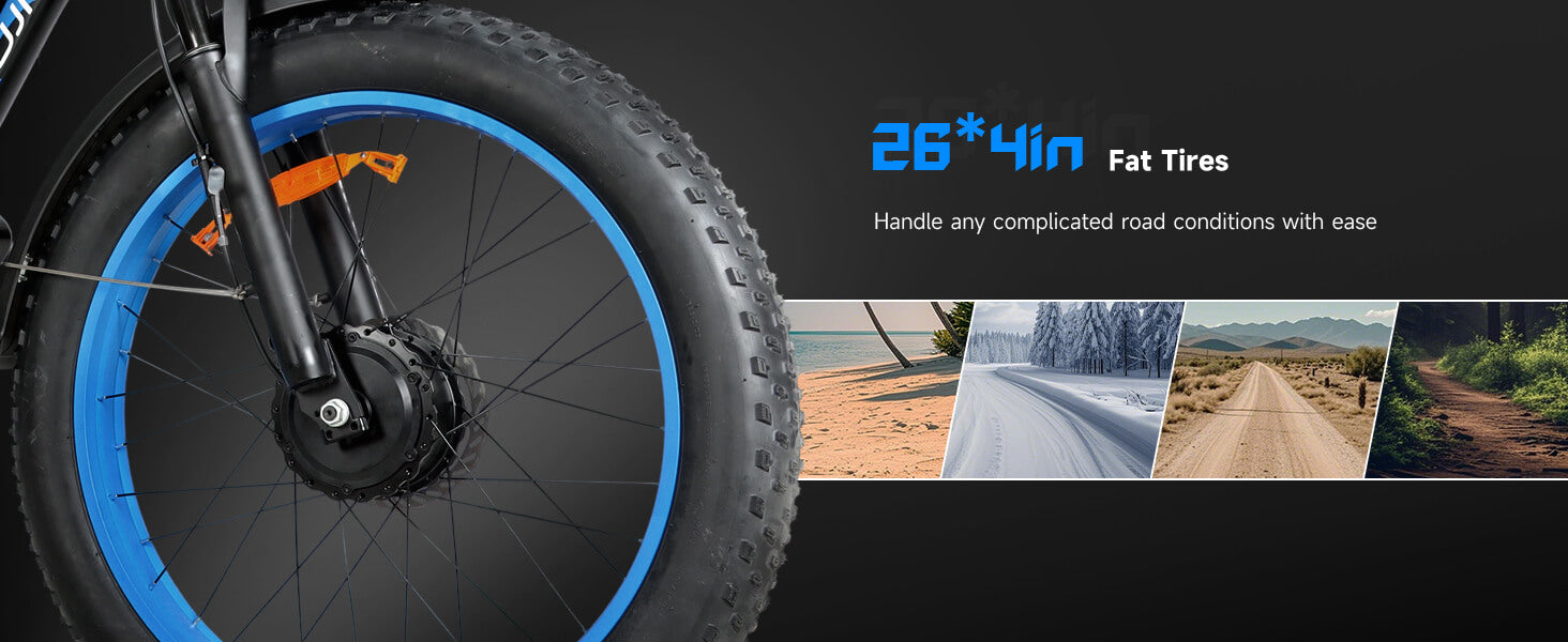 26×4.0 inch fat tires on Baolujie DP-2602 52V dual motor electric bike for stability and off-road traction.