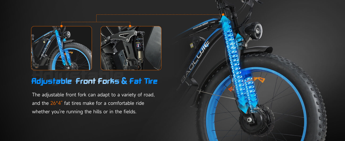 Adjustable front suspension on Baolujie DP-2602 52V dual motor fat tire electric bike, optimized for off-road comfort.