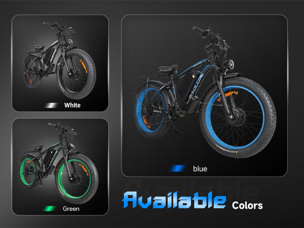Color options of Baolujie DP-2602 52V dual motor electric bike suitable for off-road riding.